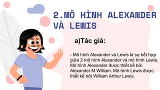 2.MÔ HÌNH ALEXANDER
VÀ LEWIS
a)Tác giả:
- Mô hình Alexander và Lewis là sự kết hợp
giữa 2 mô hình Alexander và mô hình Lewis.
Mô hình Alexander được thiết kế bởi
Alexander M.William. Mô hình Lewis được
thiết kế bởi William Arthur Lewis.
 