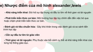 e) Nhược điểm của mô hình alexander,lewis
- Khả năng triển khai: Đòi hỏi sự tập trung và đầu tư lớn về thời gian và tài nguyên
- Phát triển kiến thức cơ bản: Môi trường học tập tùy chỉnh dẫn đến việc bỏ qua
hoặc chậm phát triển kiến thức cơ bản.
- Đánh giá và tiêu chuẩn hóa: Gây khó khăn trong việc đánh giá và so sánh tiến
trình học tập
- Cần sự đầu tư lớn từ giáo viên
- Thời gian và tài nguyên: Phụ thuộc vào bối cảnh cụ thể và khả năng triển khai của
từng hệ thống giáo dục.
 