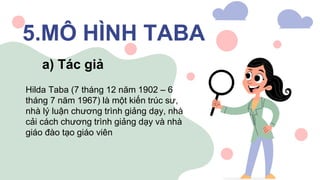 5.MÔ HÌNH TABA
a) Tác giả
Hilda Taba (7 tháng 12 năm 1902 – 6
tháng 7 năm 1967) là một kiến trúc sư,
nhà lý luận chương trình giảng dạy, nhà
cải cách chương trình giảng dạy và nhà
giáo đào tạo giáo viên
 