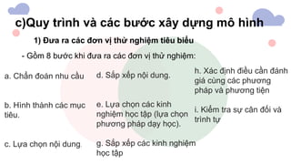 c)Quy trình và các bước xây dựng mô hình
a. Chẩn đoán nhu cầu
b. Hình thành các mục
tiêu.
c. Lựa chọn nội dung.
h. Xác định điều cần đánh
giá cùng các phương
pháp và phương tiện
i. Kiểm tra sự cân đối và
trình tự
d. Sắp xếp nội dung.
e. Lựa chọn các kinh
nghiệm học tập (lựa chọn
phương pháp dạy học).
g. Sắp xếp các kinh nghiệm
học tập
1) Đưa ra các đơn vị thử nghiệm tiêu biểu
- Gồm 8 bước khi đưa ra các đơn vị thử nghiệm:
 
