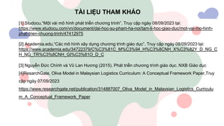 [1] Studocu,“Một vài mô hình phát triển chương trình”. Truy cập ngày 08/09/2023 tại:
https://www.studocu.com/vn/document/dai-hoc-su-pham-ha-noi/tam-li-hoc-giao-duc/mot-vai-mo-hinh-
phat-trien-chuong-trinh/47412975
[2] Academia.edu,“Các mô hình xây dựng chương trình giáo dục”. Truy cập ngày 08/09/2023 tại:
https://www.academia.edu/34722379/C%C3%81C_M%C3%94_H%C3%8CNH_X%C3%82Y_D_NG_C
H_NG_TR%C3%8CNH_GI%C3%81O_D_C
[3] Nguyễn Đức Chính và Vũ Lan Hương (2015). Phát triển chương trình giáo dục. NXB Giáo dục
[4]ResarchGate, Oliva Model in Malaysian Logistics Curriculum: A Conceptual Framework Paper,Truy
cập ngày 07/09/2023
https://www.researchgate.net/publication/314887007_Oliva_Model_in_Malaysian_Logistics_Curriculu
m_A_Conceptual_Framework_Paper
TÀI LIỆU THAM KHẢO
 