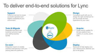 Support

Design

Follow-on services to ensure
successful operation and
highest availability of your
environment

Consultants work with you to
design the right architecture for
you & provide the best
experience for your users

Train & Migrate

Integrated education and
transition services to get
your staff productive
quickly

Co-exist

Integration experts to enable
seamless interoperation with your
existing telecoms platforms

Acquire
with

Single source supplier for
the Lync platform ecosystem, in-country, worldwide

Deploy

Resources to help deploy your
Lync infrastructure, wherever you
are on the globe

 
