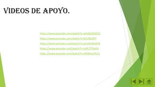 Videos de apoyo.
https://www.youtube.com/watch?v=wFqNJ20dEZU

https://www.youtube.com/watch?v=lE2cf8zJfkY
https://www.youtube.com/watch?v=yJcaCbWyAP8
https://www.youtube.com/watch?v=IoRCI77bsRU
https://www.youtube.com/watch?v=xPAX6uzTh1U

 