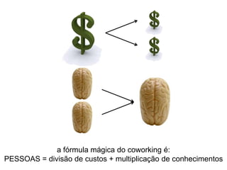 a fórmula mágica do coworking é:
PESSOAS = divisão de custos + multiplicação de conhecimentos
 