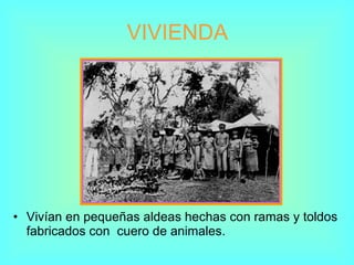 VIVIENDA Vivían en pequeñas aldeas hechas con ramas y toldos fabricados con  cuero de animales. 