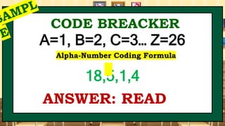 A=1, B=2, C=3… Z=26
18,5,1,4
CODE BREACKER
ANSWER: READ
Alpha-Number Coding Formula
 