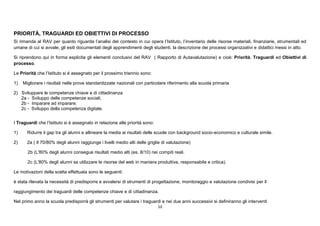 10
PRIORITÀ, TRAGUARDI ED OBIETTIVI DI PROCESSO
Si rimanda al RAV per quanto riguarda l’analisi del contesto in cui opera l’Istituto, l’inventario delle risorse materiali, finanziarie, strumentali ed
umane di cui si avvale, gli esiti documentati degli apprendimenti degli studenti, la descrizione dei processi organizzativi e didattici messi in atto.
Si riprendono qui in forma esplicita gli elementi conclusivi del RAV ( Rapporto di Autavalutazione) e cioè: Priorità, Traguardi ed Obiettivi di
processo.
Le Priorità che l’Istituto si è assegnato per il prossimo triennio sono:
1) Migliorare i risultati nelle prove standardizzate nazionali con particolare riferimento alla scuola primaria
2) Sviluppare le competenze chiave e di cittadinanza
2a - Sviluppo delle competenze sociali;
2b - Imparare ad imparare;
2c - Sviluppo della competenza digitale.
I Traguardi che l’Istituto si è assegnato in relazione alle priorità sono:
1) Ridurre il gap tra gli alunni e allineare la media ai risultati delle scuole con background socio-economico e culturale simile.
2) 2a ( Il 70/80% degli alunni raggiunge i livelli medio alti delle griglie di valutazione)
2b (L'80% degli alunni consegue risultati medio alti (es. 8/10) nei compiti reali.
2c (L'80% degli alunni sa utilizzare le risorse del web in maniera produttiva, responsabile e critica).
Le motivazioni della scelta effettuata sono le seguenti:
è stata rilevata la necessità di predisporre e avvalersi di strumenti di progettazione, monitoraggio e valutazione condivisi per il
raggiungimento dei traguardi delle competenze chiave e di cittadinanza.
Nel primo anno la scuola predisporrà gli strumenti per valutare i traguardi e nei due anni successivi si definiranno gli interventi
 