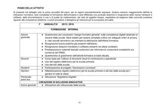 15
PIANO DELLE ATTIVITA’
Si presenta nel dettaglio solo la prima annualità del piano, per le ragioni precedentemente espresse. Qualora saranno maggiormente definite le
indicazioni normative, sarà completata la formazione dell’animatore e sarà effettuata una puntuale disamina e ricognizione delle risorse hardware e
software, della strumentazione in uso e di quella da implementare, dei reali ed oggettivi bisogni, aspettative ed esigenze della comunità scolastica
riguardo alle competenze didattiche, si potrà procedere a dettagliare gli interventi per le successive annualità.
I° ANNUALITA’ 2015 / 2016
FORMAZIONE INTERNA
Azione
generale
● Questionario per conoscere i bisogni formativi generali sulle competenze digitali destinato ai
docenti della scuola. Sarà redatto per essere compilato online con adeguati criteri di privacy
e i dati raccolti serviranno ad orientare la definizione dell'offerta formativa.
● Ricognizione buone pratiche già presenti nell'istituto.
● Ricognizione dotazioni hardware e software presenti nei plessi scolastici.
● Predisposizione materiali testuali/ audiovisivi per informare le componenti scolastiche sui
contenuti del PNSD.
● Questionario di gradimento dell’attività formativa di base attuata.
Docenti ● Corso base per l'utilizzo di strumenti cloud di condivisione e operatività.
● Uso del registro elettronico per la scuola primaria.
● Uso del sito della scuola.
Studenti ● Partecipazione al progetto “Generazioni connesse”
Genitori ● Alfabetizzazione registro elettronico per la scuola primaria e del sito della scuola per i
genitori di tutte le classi
Personale
amm.tivo
● Attivazione “Segreteria Digitale”
CREAZIONE DI SOLUZIONI INNOVATIVE
Azioni generali ● Attivazione sito istituzionale della scuola.
 
