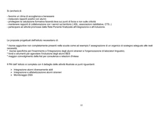 22
Si cercherà di:
- favorire un clima di accoglienza e benessere
- instaurare rapporti positivi con alunni
- privilegiare la valutazione formativa facendo leva sui punti di forza e non sulle criticità
- mantenere rapporti di collaborazione con i servizi sul territorio ( ASL, associazioni riabilitative, CTS..)
- partecipare ad attività promosse dalla Rete Ponente finalizzate all’integrazione e all’inclusione.
Le proposte progettuali dell'Istituto necessitano di:
* risorse aggiuntive non completamente presenti nella scuola come ad esempio l' assegnazione di un organico di sostegno adeguato alle reali
necessità,
* risorse specifiche per l'inserimento e l'integrazione degli alunni stranieri e l'organizzazione di laboratori linguistici,
* fondi e strumenti per agevolare l'inclusione degli alunni BES
* maggior coinvolgimento della Asl per consulenze e relazioni d'intesa
Il PAI dell’ Istituto si completa con il dettaglio delle attività illustrate ai punti riguardanti:
 Integrazione alunni diversamente abili
 Integrazione e alfabetizzazione alunni stranieri
 Monitoraggio DSA
 
