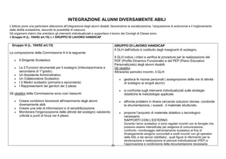 23
INTEGRAZIONE ALUNNI DIVERSAMENTE ABILI
L’Istituto pone una particolare attenzione all’integrazione degli alunni disabili, favorendone la socializzazione, l’acquisizione di autonomie e il miglioramento
delle abilità scolastiche, secondo le possibilità di ciascuno
Gli organismi interni che orientano gli interventi individualizzati e supportano il lavoro dei Consigli di Classe sono:
il Gruppo H (L. 104/92 art.15) e il GRUPPO DI LAVORO HANDICAP
Gruppo H (L. 104/92 art.15)
La composizione della Commissione H è la seguente:
 Il Dirigente Scolastico.
 Le 2 Funzioni strumentali per il sostegno (infanzia/primaria e
secondaria di 1°grado).
 Un Assistente Amministrativo
 Un Collaboratore Scolastico
 I 2 Medici scolastici (primaria e secondaria)
 I Rappresentanti dei genitori dei 3 plessi
Gli obiettivi della Commissione sono così riassunti:
 Creare condizioni favorevoli all'inserimento degli alunni
diversamente abili.
 Creare una rete di informazioni e di sensibilizzazione.
 Monitorare l'organizzazione delle attività del sostegno valutando
criticità e punti di forza nei 4 plessi.
GRUPPO DI LAVORO HANDICAP
Il GLH dell'istituto è costituito dagli insegnanti di sostegno.
Il GLH indica i criteri e verifica le procedure per la realizzazione del
PDF (Profilo Dinamico Funzionale) e del PEP (Piano Educativo
Personalizzato) degli alunni disabili.
Gli obiettivi
Attraverso periodici incontri, il GLH:
 gestisce le risorse personali ( assegnazione delle ore di attività
di sostegno ai singoli alunni)
 si confronta sugli interventi individualizzati sulle strategie
didattiche le metodologie applicate
 affronta problemi in itinere cercando soluzioni idonee, condivide
la strumentazione, i sussidi , il materiale strutturato.
 propone l’acquisto di materiale didattico o tecnologico
necessario
RAPPORTI CON L’ESTERNO
Durante l’anno scolastico vi sono regolari incontri con le famiglie che
possono essere intensificate per esigenza di comunicazione,
confronto, monitoraggio dell’andamento scolastico al fine di
Analogamente vengono concordati e svolti incontri con gli operatori
delle ASL e dei servizi riabilitativi, quali figure di riferimento per la
strutturazione e realizzazione di percorsi individualizzati (PEP) e
l’approvazione e condivisione della documentazione necessaria.
 