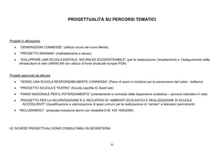 31
PROGETTUALITÀ SU PERCORSI TEMATICI
Progetti in attivazione
 “GENERAZIONI CONNESSE” (utilizzo sicuro dei nuovi Media)
 “PROGETTO ARIANNA” (maltrattamento e abuso)
 “SVILUPPARE UNA SCUOLA DIGITALE; SICURA ED ECOSOSTENIBILE” (per la realizzazione, l'ampliamento e l'adeguamento delle
infrastrutture di rete LAN/WLAN con utilizzo di fondi strutturali europei PON)
Progetti approvati da attivare
 “VERSO UNA SCUOLA RESPONSABILMENTE CONNESSA” (Piano di azioni e iniziative per la prevenzione del cyber- bullismo)
 “PROGETTO SCUOLA E TEATRO” (Scuola capofila IC Sestri est)
 “PIANO NAZIONALE PER IL POTENZIAMENTO” (orientamento e contrasto della dispersione scolastica – percorsi orientativi in rete)
 “PROGETTO PER LA VALORIZZAZIONE E IL RECUPERO DI AMBIENTI SCOLASTICI E REALIZZAZIONE DI SCUOLE
ACCOGLIENTI” (riqualificazione e valorizzazione di spazi comuni per la realizzazione di “cantieri” e laboratori permanenti)
 “INCLUDIAMOCI” (proposta inclusione alunni con disabilità D.M. 435 16/6/2005)
LE SCHEDE PROGETTUALI SONO CONSULTABILI IN SEGRETERIA
 