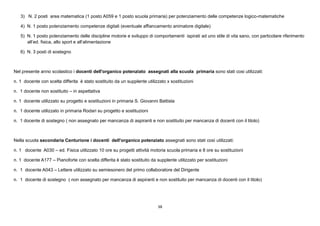 38
3) N. 2 posti area matematica (1 posto A059 e 1 posto scuola primaria) per potenziamento delle competenze logico-matematiche
4) N. 1 posto potenziamento competenze digitali (eventuale affiancamento animatore digitale)
5) N. 1 posto potenziamento delle discipline motorie e sviluppo di comportamenti ispirati ad uno stile di vita sano, con particolare riferimento
all’ed. fisica, allo sport e all’alimentazione
6) N. 3 posti di sostegno
Nel presente anno scolastico i docenti dell'organico potenziato assegnati alla scuola primaria sono stati cosi utilizzati:
n. 1 docente con scelta differita è stato sostituito da un supplente utilizzato x sostituzioni
n. 1 docente non sostituito – in aspettativa
n. 1 docente utilizzato su progetto e sostituzioni in primaria S. Giovanni Battista
n. 1 docente utilizzato in primaria Rodari su progetto e sostituzioni
n. 1 docente di sostegno ( non assegnato per mancanza di aspiranti e non sostituito per mancanza di docenti con il titolo)
Nella scuola secondaria Centurione i docenti dell'organico potenziato assegnati sono stati così utilizzati:
n. 1 docente A030 – ed. Fisica utilizzato 10 ore su progetti attività motoria scuola primaria e 8 ore su sostituzioni
n. 1 docente A177 – Pianoforte con scelta differita è stato sostituito da supplente utilizzato per sostituzioni
n. 1 docente A043 – Lettere utilizzato su semiesonero del primo collaboratore del Dirigente
n. 1 docente di sostegno ( non assegnato per mancanza di aspiranti e non sostituito per mancanza di docenti con il titolo)
 