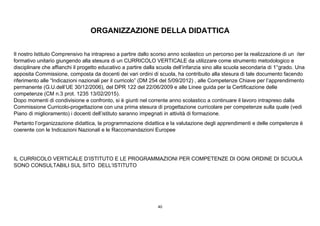 40
ORGANIZZAZIONE DELLA DIDATTICA
Il nostro Istituto Comprensivo ha intrapreso a partire dallo scorso anno scolastico un percorso per la realizzazione di un iter
formativo unitario giungendo alla stesura di un CURRICOLO VERTICALE da utilizzare come strumento metodologico e
disciplinare che affianchi il progetto educativo a partire dalla scuola dell’infanzia sino alla scuola secondaria di 1°grado. Una
apposita Commissione, composta da docenti dei vari ordini di scuola, ha contribuito alla stesura di tale documento facendo
riferimento alle “Indicazioni nazionali per il curricolo” (DM 254 del 5/09/2012) , alle Competenze Chiave per l’apprendimento
permanente (G.U.dell’UE 30/12/2006), del DPR 122 del 22/06/2009 e alle Linee guida per la Certificazione delle
competenze (CM n.3 prot. 1235 13/02/2015).
Dopo momenti di condivisione e confronto, si è giunti nel corrente anno scolastico a continuare il lavoro intrapreso dalla
Commissione Curricolo-progettazione con una prima stesura di progettazione curricolare per competenze sulla quale (vedi
Piano di miglioramento) i docenti dell’istituto saranno impegnati in attività di formazione.
Pertanto l’organizzazione didattica, la programmazione didattica e la valutazione degli apprendimenti e delle competenze è
coerente con le Indicazioni Nazionali e le Raccomandazioni Europee
IL CURRICOLO VERTICALE D’ISTITUTO E LE PROGRAMMAZIONI PER COMPETENZE DI OGNI ORDINE DI SCUOLA
SONO CONSULTABILI SUL SITO DELL’ISTITUTO
 