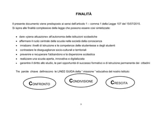 9
FINALITÀ
Il presente documento viene predisposto ai sensi dell’articolo 1 – comma 1 della Legge 107 del 15/07/2015.
Si ispira alle finalità complessive della legge che possono essere così sintetizzate:
 dare «piena attuazione» all’autonomia delle istituzioni scolastiche
 affermare il ruolo centrale della scuola nella società della conoscenza
 innalzare i livelli di istruzione e le competenze delle studentesse e degli studenti
 contrastare le diseguaglianze socio-culturali e territoriali
 prevenire e recuperare l'abbandono e la dispersione scolastica
 realizzare una scuola aperta, innovativa e digitalizzata
 garantire il diritto allo studio, le pari opportunità di successo formativo e di istruzione permanente dei cittadini
Tre parole chiave definiscono le LINEE GUIDA della “ missione “ educativa del nostro Istituto:
CONFRONTO
CONDIVISIONE
CRESCITA
 