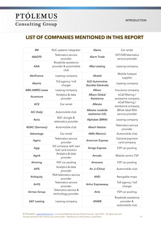 INTRODUCTION
LIST OF COMPANIES MENTIONED IN THIS REPORT
3M RUC systems integrator Alamo Car rental
666GPS 
Telematics service
provider
Alarm Trade
SVT/SVR telematics
service provider
AAA
Roadside assistance
provider & automobile
club
Alba Leasing  Leasing company
Abcfinance Leasing company Alcatel
Mobile hotspot
supplier
Abertis
Toll agency / toll
charger
ALD Automotive
(Société Générale)
Leasing company
ABN AMRO Lease Leasing company Allianz Insurance company
Accenture
Analytics & data
provider
Allianz Global
Assistance
eCall ﬁltering /
assistance company
ACE  Car rental Allstate
eCall ﬁltering /
assistance company
ACI (Italy) Automobile club
Allstate roadside
assistance (US) 
White label RSA
service provider
Actia
B2C dongle &
telematics provider
Alphabet (BMW) Leasing company
ADAC (Germany) Automobile club Altech Netstar
Telematics service
provider
Advantage Car rental AMA (Mexico) Automobile club
Agero
Telematics service
provider
American Express
General payment
card company
Agip
Oil company with own
fuel card solution
Amigo Express P2P car pooling
Agnik
Analytics & data
provider
Amodo Mobile-centric TSP
Ainoring P2P car pooling Amovens P2P car pooling
AIPS
Analytics & data
provider
An Ji (China) Automobile club
Airbiquity 
RSA telematics service
provider
AND Navigable maps
AirIQ
Telematics service
provider
Anhui Expressway
Toll agency / toll
charger
Airmax Group
Telematics service &
technology provider
Ants P2P car pooling
AKF Leasing  Leasing company ANWB
Roadside assistance
provider &
automobile club
© PTOLEMUS - www.ptolemus.com - Connected Mobility Services Global Forecast - April 2016 - All rights reserved
Strictly reserved for the internal use of the reader - Distribution to third parties is prohibited 19
 