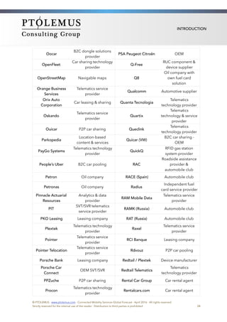 INTRODUCTION
Oocar
B2C dongle solutions
provider
PSA Peugeot Citroën OEM
OpenFleet
Car sharing technology
provider
Q-Free
RUC component &
device supplier
OpenStreetMap Navigable maps Q8
Oil company with
own fuel card
solution
Orange Business
Services
Telematics service
provider
Qualcomm Automotive supplier
Orix Auto
Corporation
Car leasing & sharing Quanta Tecnologia
Telematics
technology provider
Oskando
Telematics service
provider
Quartix
Telematics
technology & service
provider
Ouicar  P2P car sharing Queclink
Telematics
technology provider
Parkopedia
Location-based
content & services
Quicar (VW)
B2C car sharing -
OEM
PayGo Systems
Telematics technology
provider
QuickQ
RFID gas station
system provider
People’s Uber B2C car pooling RAC
Roadside assistance
provider &
automobile club
Petron Oil company RACE (Spain) Automobile club
Petronas Oil company Radius
Independent fuel
card service provider
Pinnacle Actuarial
Resources
Analytics & data
provider
RAM Mobile Data
Telematics service
provider
PIT
SVT/SVR telematics
service provider
RAMK (Russia) Automobile club
PKO Leasing Leasing company RAT (Russia) Automobile club
Plextek
Telematics technology
provider
Raxel
Telematics service
provider
Pointer
Telematics service
provider
RCI Banque  Leasing company
Pointer Telocation
Telematics service
provider
Rdvouz P2P car pooling
Porsche Bank Leasing company Redtail / Plextek Device manufacturer
Porsche Car
Connect
OEM SVT/SVR Redtail Telematics
Telematics
technology provider
PPZuche P2P car sharing Rental Car Group Car rental agent
Procon 
Telematics technology
provider
Rentalcars.com Car rental agent
© PTOLEMUS - www.ptolemus.com - Connected Mobility Services Global Forecast - April 2016 - All rights reserved
Strictly reserved for the internal use of the reader - Distribution to third parties is prohibited 28
 