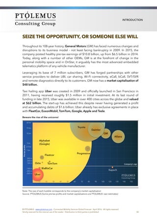 INTRODUCTION
SEIZE THE OPPORTUNITY, OR SOMEONE ELSE WILL
Throughout its 108-year history, General Motors (GM) has faced numerous changes and
disruptions to its business model - not least facing bankruptcy in 2009. In 2015, the
company posted healthy pre-tax earnings of $10.8 billion, up from $6.5 billion in 2014.
Today, along with a number of other OEMs, GM is at the forefront of change in the
personal mobility space and in OnStar, it arguably has the most advanced embedded
telematics platform of any vehicle manufacturer.
Leveraging its base of 7 million subscribers, GM has forged partnerships with other
service providers to deliver UBI, car sharing, Wi-Fi connectivity, eCall, bCall, SVT/SVR
and remote diagnostics directly to its customers. GM now has a market capitalisation of
$48 billion.
Taxi hailing app Uber was created in 2009 and ofﬁcially launched in San Francisco in
2011, having received roughly $1.5 million in initial investment. At its last round of
funding in late 2015, Uber was available in over 400 cities across the globe and valued
at $62 billion. The start-up has achieved this despite never having generated a proﬁt
and accumulating debts of $1.6 billion. Uber already has exclusive agreements in place
with FleetCor, ExxonMobil, TomTom, Google, Apple and Tesla.
Beware the rise of the unicorns!
Note: The size of each bubble corresponds to the company’s market capitalisation
Source: PTOLEMUS (Some pre-tax proﬁts and market capitalisations are PTOLEMUS’ own estimates)
© PTOLEMUS - www.ptolemus.com - Connected Mobility Services Global Forecast - April 2016 - All rights reserved
Strictly reserved for the internal use of the reader - Distribution to third parties is prohibited 34
 