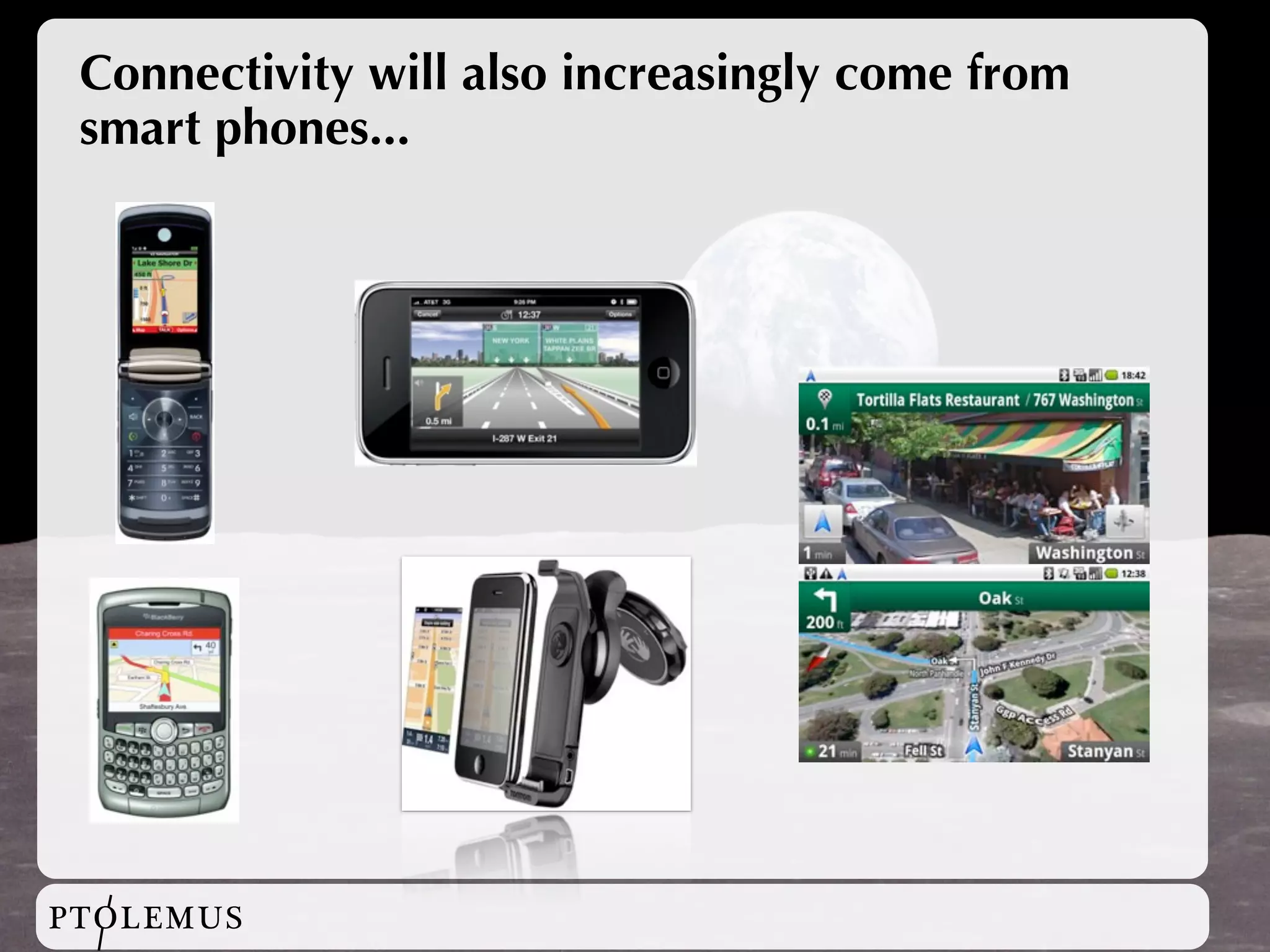 Connectivity will also increasingly come from
 smart phones...




PTOLEMUS
 