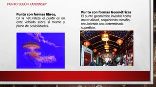 PUNTO SEGÚN KANDINSKY
Punto con formas libres,
En la naturaleza el punto es un
ente volcado sobre sí mismo y
pleno de posibilidades.
Punto con formas Geométricas
El punto geométrico invisible toma
materialidad, adquiriendo tamaño,
recubriendo una determinada
superficie.
 