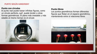 PUNTO SEGÚN KANDINSKY
Punto con círculos
El punto real puede tomar infinitas figuras, como
un círculo perfecto, que puede tender a otras
formas geométricas. El plano más inestable y más
estable al mismo tiempo es el circulo
Punto libres
Los puntos geométricos forman diferentes
figuras que flotan en el espacio geométrico,
manteniendo entre sí relaciones libres
 