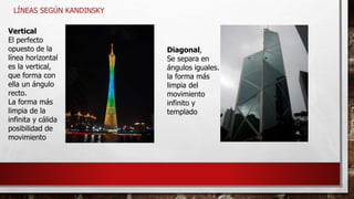 LÍNEAS SEGÚN KANDINSKY
Vertical
El perfecto
opuesto de la
línea horizontal
es la vertical,
que forma con
ella un ángulo
recto.
La forma más
limpia de la
infinita y cálida
posibilidad de
movimiento
Diagonal,
Se separa en
ángulos iguales.
la forma más
limpia del
movimiento
infinito y
templado
 