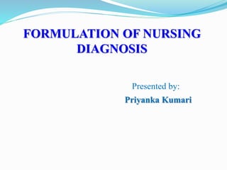 FORMULATION OF NURSING
DIAGNOSIS
Presented by:
Priyanka Kumari
 