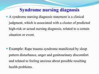 Syndrome nursing diagnosis
 A syndrome nursing diagnosis statement is a clinical
judgment, which is associated with a cluster of predicted
high-risk or actual nursing diagnosis, related to a certain
situation or event.
 Example: Rape trauma syndrome manifested by sleep
pattern disturbance, anger and genitourinary discomfort
and related to feeling anxious about possible resulting
health problems.
 