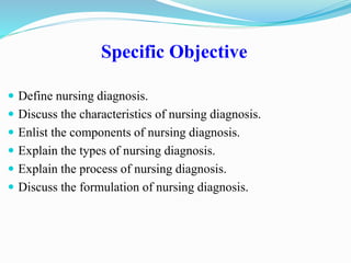 Specific Objective
 Define nursing diagnosis.
 Discuss the characteristics of nursing diagnosis.
 Enlist the components of nursing diagnosis.
 Explain the types of nursing diagnosis.
 Explain the process of nursing diagnosis.
 Discuss the formulation of nursing diagnosis.
 