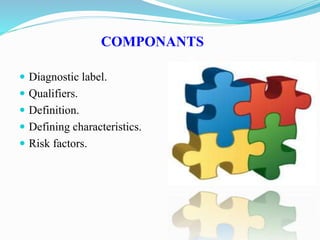 COMPONANTS
 Diagnostic label.
 Qualifiers.
 Definition.
 Defining characteristics.
 Risk factors.
 