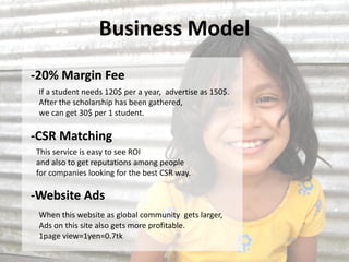 Business Model
-20% Margin Fee
 If a student needs 120$ per a year, advertise as 150$.
 After the scholarship has been gathered,
 we can get 30$ per 1 student.

-CSR Matching
This service is easy to see ROI
and also to get reputations among people
for companies looking for the best CSR way.

-Website Ads
 When this website as global community gets larger,
 Ads on this site also gets more profitable.
 1page view=1yen=0.7tk
 