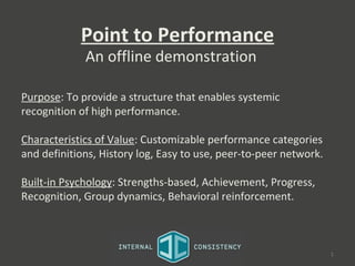 Point to Performance
             An offline demonstration

Purpose: To provide a structure that enables systemic
recognition of high performance.

Characteristics of Value: Customizable performance categories
and definitions, History log, Easy to use, peer-to-peer network.

Built-in Psychology: Strengths-based, Achievement, Progress,
Recognition, Group dynamics, Behavioral reinforcement.



                                                                   1
 