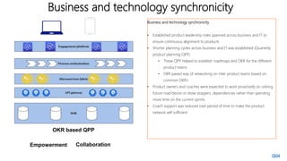 Business and technology synchronicity
Business and technology synchronicity
• Established product leadership roles spanned across business and IT to
ensure continuous alignment to products
• Shorter planning cycles across business and IT was established (Quarterly
product planning QPP)
• These QPP helped to establish roadmaps and OKR for the different
product teams
• OKR paved way of networking on inter product teams based on
common OKR’s
• Product owners and coaches were expected to work proactively on solving
future road blocks or show stoppers, dependencies rather than spending
more time on the current sprints
• Coach support was reduced over period of time to make the product
network self sufficient
OKR based QPP
Empowerment Collaboration
 