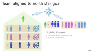 Team aligned to north star goal
BA
Developers
Testers
BA
Developers
Testers
• Every member works for single NorthStar goal
• No squad or scrum level goals
Single NorthStar goal
 