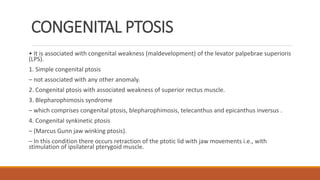 CONGENITAL PTOSIS
• It is associated with congenital weakness (maldevelopment) of the levator palpebrae superioris
(LPS).
1. Simple congenital ptosis
– not associated with any other anomaly.
2. Congenital ptosis with associated weakness of superior rectus muscle.
3. Blepharophimosis syndrome
– which comprises congenital ptosis, blepharophimosis, telecanthus and epicanthus inversus .
4. Congenital synkinetic ptosis
– (Marcus Gunn jaw winking ptosis).
– In this condition there occurs retraction of the ptotic lid with jaw movements i.e., with
stimulation of ipsilateral pterygoid muscle.
 