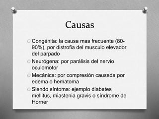 Causas
O Congénita: la causa mas frecuente (80-
90%), por distrofia del musculo elevador
del parpado
O Neurógena: por parálisis del nervio
oculomotor
O Mecánica: por compresión causada por
edema o hematoma
O Siendo síntoma: ejemplo diabetes
mellitus, miastenia gravis o síndrome de
Horner
 