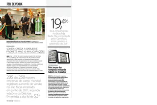 pto. de venda




                                                                                      19,
                                                                                      foi o crescimento
                                                                                          no Brasil da
                                                                                                             4%
                                                                                    Rede Dia, controlada
                                                                                       pelo Carrefour,
Inauguração da 24ª loja do sonda A unidade fica no
Shopping Parque Barueri, oferece 20 mil itens e possui 1.920 m2 de área de vendas
                                                                                       entre janeiro e
                                                                                     setembro de 2011
expansão
Sonda chega a Barueri e
promete mais 10 inaugurações
     Com 1.920 m2 de área de vendas e mais de 20 mil itens
no mix, a 24ª loja da rede Sonda (3 são da bandeira Cobal)
opera desde o mês passado no Shopping Parque Barueri,
na Grande São Paulo. A expectativa é de que a unidade atenda
2.500 clientes por dia, atraídos por seções como peixaria,
açougue, rotisseria, padaria e confeitaria. O serviço de delivery
também passa a ser disponibilizado aos consumidores                                 tecnologia
de Barueri, Alphaville e Santana de Parnaíba. Décima                                Dois terços dos
primeira colocada no Ranking de Supermercados de SM, a
empresa tem como meta para este ano inaugurar mais 10 lojas.                        varejistas utilizarão
                                                                                    tablets no trabalho

205 das 250 maiores                                                                       Mais de cinquenta empresas
                                                                                    de varejo foram ouvidas pela Ris News
                                                                                    em um estudo patrocinado pela

empresas do varejo mundial                                                          Motorola Solutions e pela RBM
                                                                                    Technologies, no qual foi identificado

registram aumento de vendas
                                                                                    que apenas 6% utilizam tablets em sua
                                                                                    rotina de trabalho nas lojas. É pouco,
                                                                                    mas o índice deve aumentar rapidamente:
no ano fiscal encerrado                                                             28% já estão testando esses dispositivos
                                                                                    e, ainda neste ano, outros 31%
em junho de 2011, segundo                                                           pretendem experimentar a incorporação
                                                                                    do tablet ao dia a dia profissional.

relatório da Deloitte.                                                              Entre as razões para o aumento do


Em média, a alta foi de 5,3
                                                                                    interesse, a pesquisa identificou fatores
                           %                                                        como utilização no suporte às vendas
                                                                                    e conexão com aplicativos empresariais.


12 SM.com.br | fevereiRO 2012
 