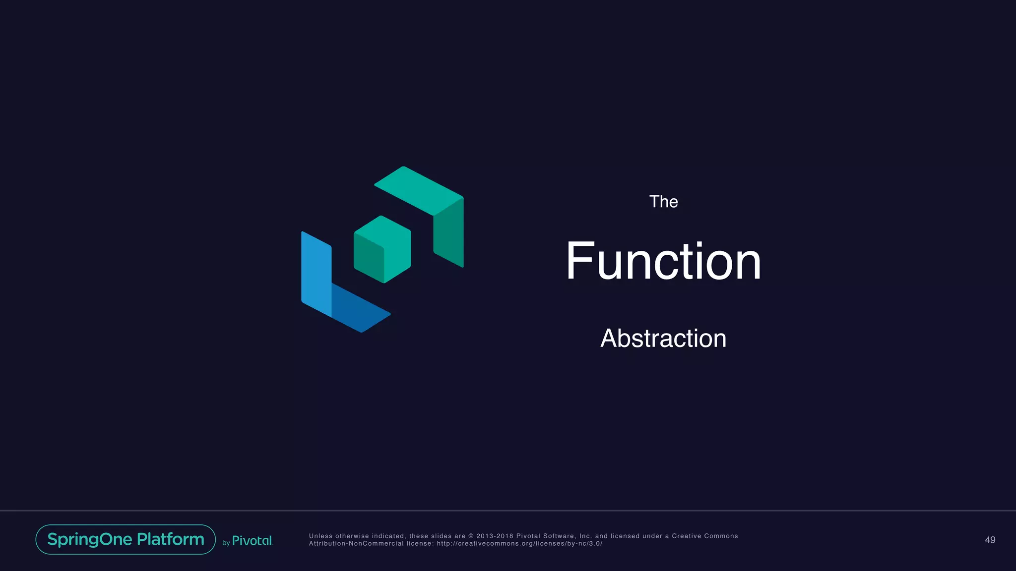 Unless otherwise indicated, these slides are © 2013-2018 Pivotal Software, Inc. and licensed under a Creative Commons
Attribution-NonCommercial license: http://creativecommons.org/licenses/by-nc/3.0/ 49
The
Function
Abstraction
 