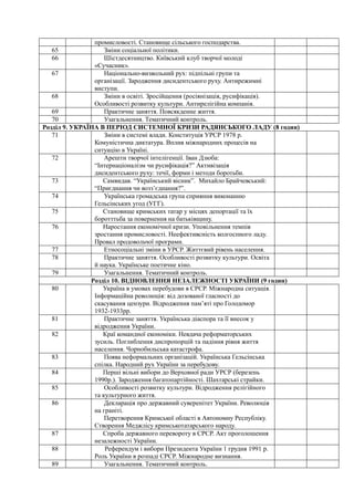 промисловості. Становище сільського господарства.
65 Зміни соціальної політики.
66 Шістдесятництво. Київський клуб творчої молоді
«Сучасник».
67 Національно-визвольний рух: підпільні групи та
організації. Зародження дисидентського руху. Антирежимні
виступи.
68 Зміни в освіті. Зросійщення (росіянізація, русифікація).
Особливості розвитку культури. Антирелігійна компанія.
69 Практичне заняття. Повсякденне життя.
70 Узагальнення. Тематичний контроль.
Розділ 9. УКРАЇНА В ПЕРІОД СИСТЕМНОЇ КРИЗИ РАДЯНСЬКОГО ЛАДУ (8 годин)
71 Зміни в системі влади. Конституція УРСР 1978 р.
Комуністична диктатура. Вплив міжнародних процесів на
ситуацію в Україні.
72 Арешти творчої інтелігенції. Іван Дзюба:
“Інтернаціоналізм чи русифікація?” Активізація
дисидентського руху: течії, форми і методи боротьби.
73 Самвидав. “Український вісник”. Михайло Брайчевський:
“Приєднання чи возз’єднання?”.
74 Українська громадська група сприяння виконанню
Гельсінських угод (УГГ).
75 Становище кримських татар у місцях депортації та їх
боротттьба за повернення на батьківщину.
76 Наростання економічної кризи. Уповільнення темпів
зростання промисловості. Неефективсність колгоспного ладу.
Провал продовольчої програми.
77 Етносоціальні зміни в УРСР. Життєвий рівень населення.
78 Практичне заняття. Особливості розвитку культури. Освіта
й наука. Українське поетичне кіно.
79 Узагальнення. Тематичний контроль.
Розділ 10. ВІДНОВЛЕННЯ НЕЗАЛЕЖНОСТІ УКРАЇНИ (9 годин)
80 Україна в умовах перебудови в СРСР. Міжнародна ситуація.
Інформаційна революція: від дозованої гласності до
скасування цензури. Відродження пам’яті про Голодомор
1932-1933рр.
81 Практичне заняття. Українська діаспора та її внесок у
відродження України.
82 Краї командної економіки. Невдача реформаторських
зусиль. Поглиблення диспропорцій та падіння рівня життя
населення. Чорнобильська катастрофа.
83 Поява неформальних організацій. Українська Гельсінська
спілка. Народний рух України за перебудову.
84 Перші вільні вибори до Верховної ради УРСР (березень
1990р.). Зародження багатопартійності. Шахтарські страйки.
85 Особливості розвитку культури. Відродження релігійного
та культурного життя.
86 Декларація про державний суверенітет України. Революція
на граніті.
Перетворення Кримської області в Автономну Республіку.
Створення Меджлісу кримськотатарського народу.
87 Спроба державного перевороту в СРСР. Акт проголошення
незалежності України.
88 Референдум і вибори Президента України 1 грудня 1991 р.
Роль України в розпаді СРСР. Міжнародне визнання.
89 Узагальнення. Тематичний контроль.
 