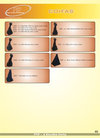PEÇAS TÉCNICAS EM POLIURETANO                                         COIFAS
www.ptppecas.com.br




           2000   -   m.c   Palio/Stilo 2003 em diante cinza c/coifa
           2001   -   m.c   Palio el 5m cinza c/coifa
                                                                          2002 - m.c Palio Weekend/Siena 6m cinza c/coifa
           2002   -   m.c   Palio Weekend/Siena 6m cinza c/coifa
           2003   -   m.c   Palio Restyle preto c/coifa




           2003 - m.c Palio Restyle preto c/coifa                        2001 - m.c Palio el 5m cinza c/coifa




            2004 - m.c Palio EDX/Siena 5 m cinza c/coifa                    2006 - c.c. Siena, Strada, Weekend moderno c/moldura for




            2007 - Coifa Palio Fire com Moldura




                                                                                                                                       05
                                               PTP - A Escolha Certa
 