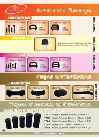 PEÇAS TÉCNICAS EM POLIURETANO
                                                 Apoio de Cabeça
     www.ptppecas.com.br



         LINHA VOLKSWAGEN
     Kit Apoio de Cabeça                  Apoio de Cabeça       Apoio de Cabeça
                              1530                  1630                    1636
                              1538CZ                1630CZ                  1636CZ




                 LINHA SPRINTER
                                                                    1641CZ - Apoio de Cabeça Sprinter 98 em diante com 130mm (Cinza)
                                                                    1642CZ - Apoio de Cabeça Sprinter até 97 com 110mm (Cinza)




                               LINHA FIAT
       Kit Apoio de Cabeça                  Apoio de Cabeça      Apoio de Cabeça

                                                     1615                   1637
                                  1545
                                                     1615CZ                 1637CZ




                                                 Peças Ortopédicas
            LINHA ORTOPÉDICA
         Apoio Auxiliar                  Manente p/ Muleta      Apoio Panturrilha                    Apoio Braço
                                                                                                  p/Cadeira de Rodas

                    1735                         1736                  1796                                      1799



          Peças p/ Aparelho Ginástica
LINHA ROLETES P/ AP. GINÁSTICA (DIVERSOS MODELOS)
                                                         1737 - Rolete c/ Inserto 90mm x 204mm x 1”
                                                         1740 - Rolete Pequeno 80mm x 160mm x 3/4”
                                                         1744 - Rolete Pequeno 80mm x 160mm x 7/8”
                                                         1745 - Rolete Mini 70mm x 143mm x 1”
                                                         1748 - Rolete c/ Inserto 90mm x 204mm x 3/4”
06
                                                    - A Escolha Certa
 