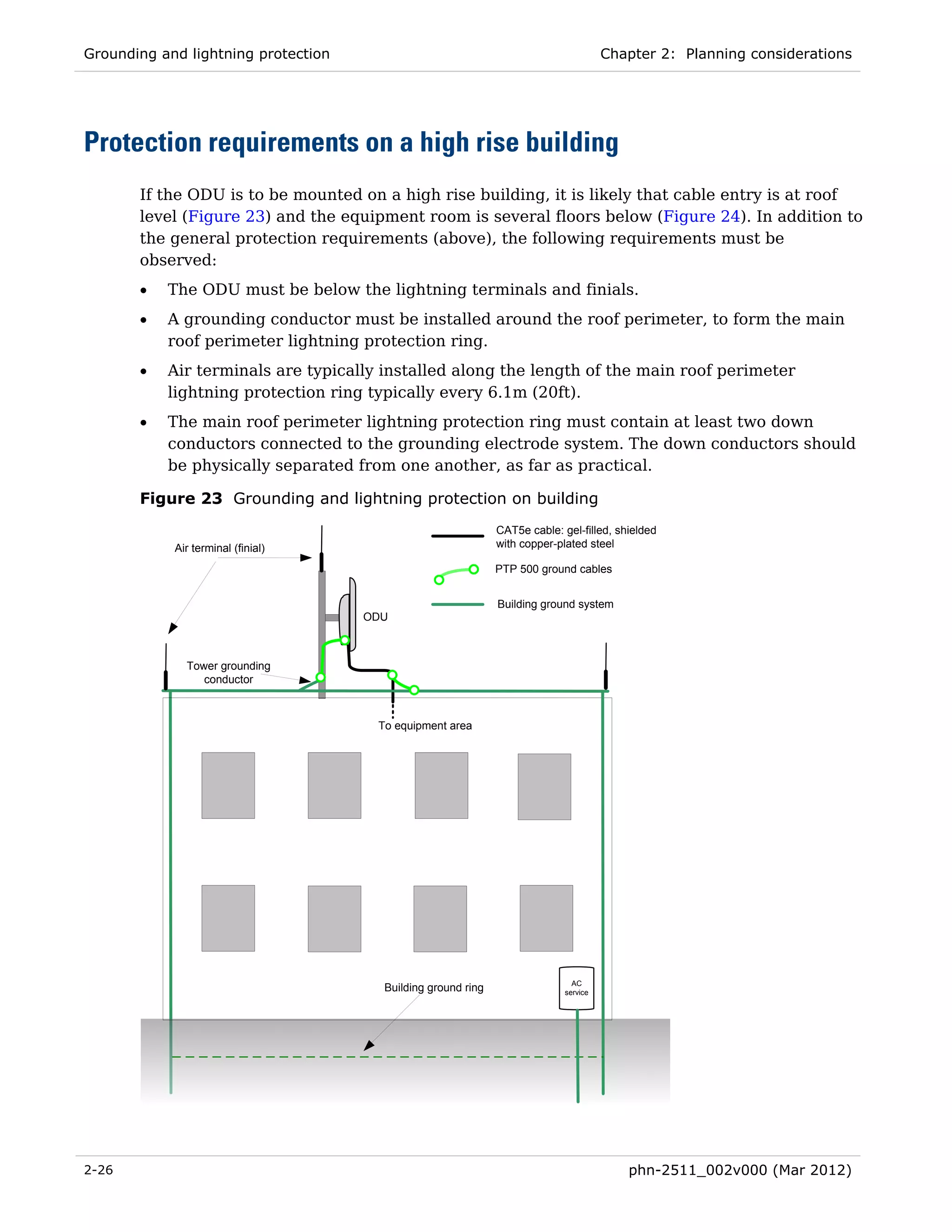 Grounding and lightning protection                                                    Chapter 2: Planning considerations




Protection requirements on a high rise building
       If the ODU is to be mounted on a high rise building, it is likely that cable entry is at roof
       level (Figure 23) and the equipment room is several floors below (Figure 24). In addition to
       the general protection requirements (above), the following requirements must be
       observed:
       •   The ODU must be below the lightning terminals and finials.
       •   A grounding conductor must be installed around the roof perimeter, to form the main
           roof perimeter lightning protection ring.
       •   Air terminals are typically installed along the length of the main roof perimeter
           lightning protection ring typically every 6.1m (20ft).
       •   The main roof perimeter lightning protection ring must contain at least two down
           conductors connected to the grounding electrode system. The down conductors should
           be physically separated from one another, as far as practical.

       Figure 23 Grounding and lightning protection on building
                                                              CAT5e cable: gel-filled, shielded
            Air terminal (finial)                             with copper-plated steel

                                                              PTP 500 ground cables


                                                              Building ground system
                                     ODU



              Tower grounding
                 conductor



                                      To equipment area




                                                                              AC
                                       Building ground ring                 service




2-26                                                                                     phn-2511_002v000 (Mar 2012)
 