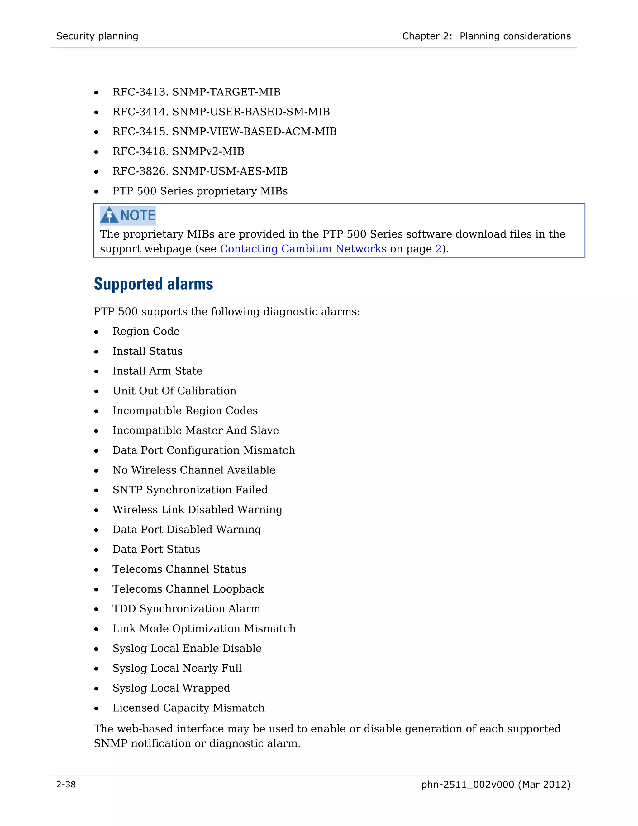 Security planning                                                 Chapter 2: Planning considerations




       •     RFC-3413. SNMP-TARGET-MIB
       •     RFC-3414. SNMP-USER-BASED-SM-MIB
       •     RFC-3415. SNMP-VIEW-BASED-ACM-MIB
       •     RFC-3418. SNMPv2-MIB
       •     RFC-3826. SNMP-USM-AES-MIB
       •     PTP 500 Series proprietary MIBs



           The proprietary MIBs are provided in the PTP 500 Series software download files in the
           support webpage (see Contacting Cambium Networks on page 2).


       Supported alarms
       PTP 500 supports the following diagnostic alarms:
       •     Region Code
       •     Install Status
       •     Install Arm State
       •     Unit Out Of Calibration
       •     Incompatible Region Codes
       •     Incompatible Master And Slave
       •     Data Port Configuration Mismatch
       •     No Wireless Channel Available
       •     SNTP Synchronization Failed
       •     Wireless Link Disabled Warning
       •     Data Port Disabled Warning
       •     Data Port Status
       •     Telecoms Channel Status
       •     Telecoms Channel Loopback
       •     TDD Synchronization Alarm
       •     Link Mode Optimization Mismatch
       •     Syslog Local Enable Disable
       •     Syslog Local Nearly Full
       •     Syslog Local Wrapped
       •     Licensed Capacity Mismatch
       The web-based interface may be used to enable or disable generation of each supported
       SNMP notification or diagnostic alarm.


2-38                                                                  phn-2511_002v000 (Mar 2012)
 