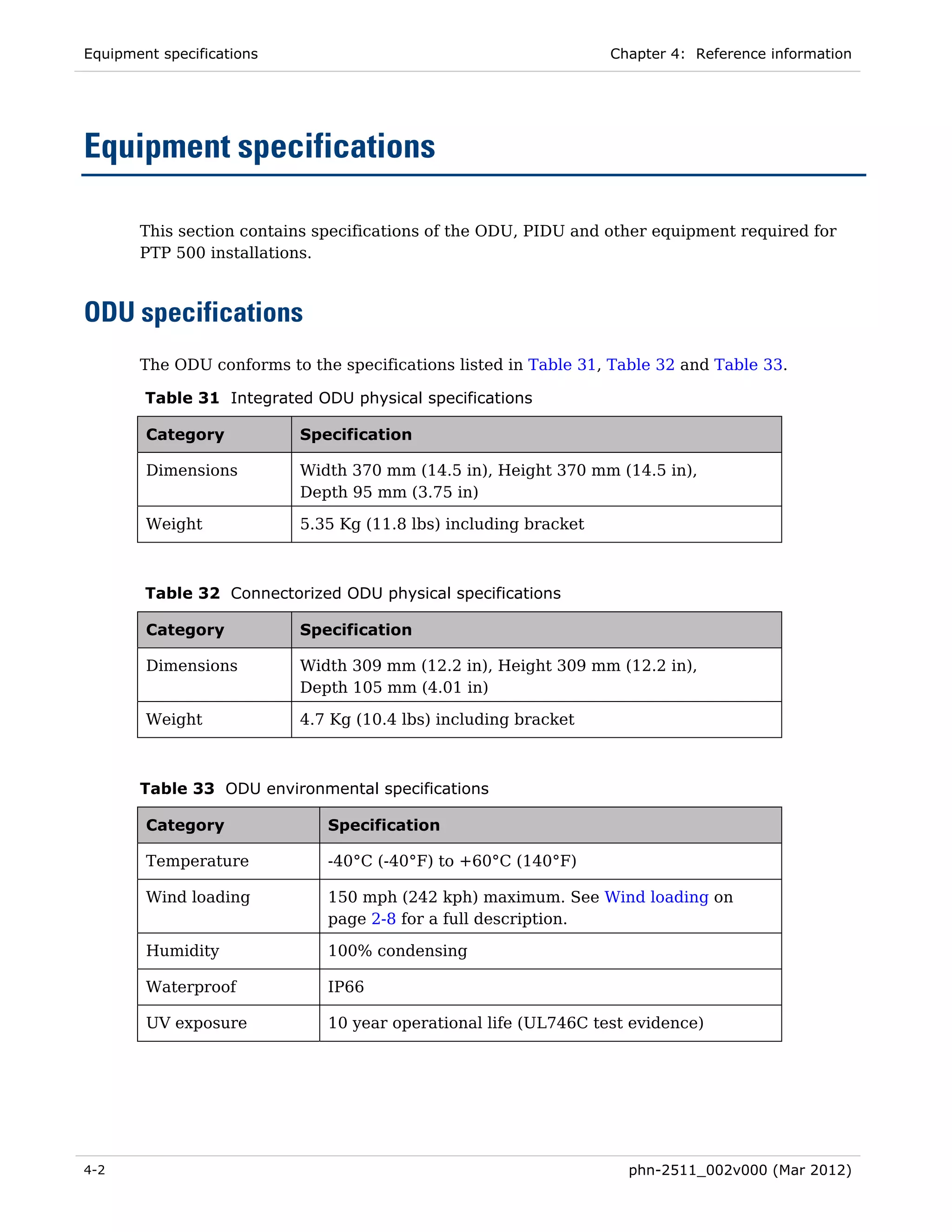 Equipment specifications                                          Chapter 4: Reference information




Equipment specifications

       This section contains specifications of the ODU, PIDU and other equipment required for
       PTP 500 installations.



ODU specifications
       The ODU conforms to the specifications listed in Table 31, Table 32 and Table 33.

        Table 31 Integrated ODU physical specifications

        Category           Specification

        Dimensions         Width 370 mm (14.5 in), Height 370 mm (14.5 in),
                           Depth 95 mm (3.75 in)

        Weight             5.35 Kg (11.8 lbs) including bracket



        Table 32 Connectorized ODU physical specifications

        Category           Specification

        Dimensions         Width 309 mm (12.2 in), Height 309 mm (12.2 in),
                           Depth 105 mm (4.01 in)

        Weight             4.7 Kg (10.4 lbs) including bracket



       Table 33 ODU environmental specifications

        Category              Specification

        Temperature           -40°C (-40°F) to +60°C (140°F)

        Wind loading          150 mph (242 kph) maximum. See Wind loading on
                              page 2-8 for a full description.

        Humidity              100% condensing

        Waterproof            IP66

        UV exposure           10 year operational life (UL746C test evidence)




4-2                                                                 phn-2511_002v000 (Mar 2012)
 