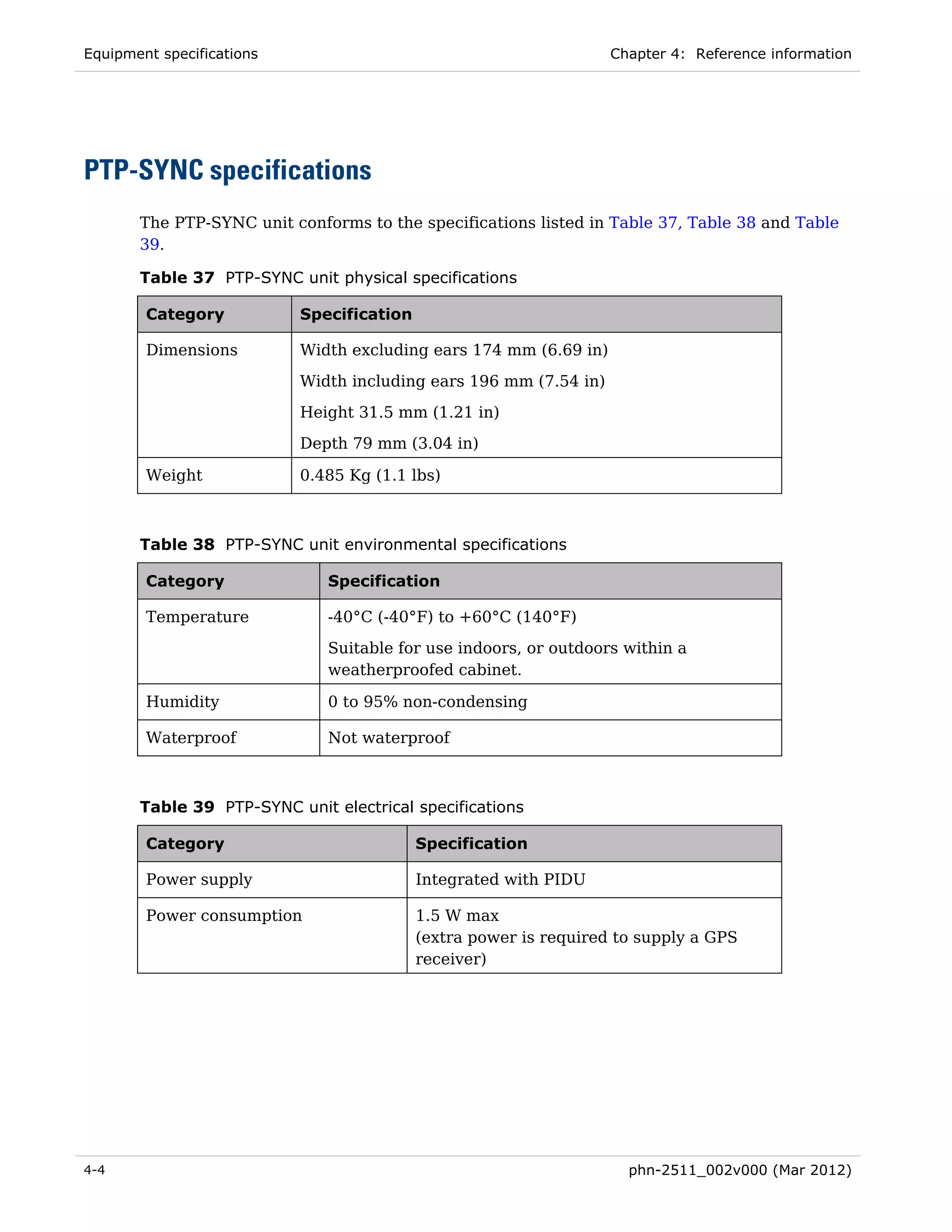 Equipment specifications                                           Chapter 4: Reference information




PTP-SYNC specifications
       The PTP-SYNC unit conforms to the specifications listed in Table 37, Table 38 and Table
       39.

       Table 37 PTP-SYNC unit physical specifications

        Category           Specification

        Dimensions         Width excluding ears 174 mm (6.69 in)
                           Width including ears 196 mm (7.54 in)
                           Height 31.5 mm (1.21 in)
                           Depth 79 mm (3.04 in)

        Weight             0.485 Kg (1.1 lbs)



       Table 38 PTP-SYNC unit environmental specifications

        Category              Specification

        Temperature           -40°C (-40°F) to +60°C (140°F)

                              Suitable for use indoors, or outdoors within a
                              weatherproofed cabinet.

        Humidity              0 to 95% non-condensing

        Waterproof            Not waterproof



       Table 39 PTP-SYNC unit electrical specifications

        Category                           Specification

        Power supply                       Integrated with PIDU

        Power consumption                  1.5 W max
                                           (extra power is required to supply a GPS
                                           receiver)




4-4                                                                  phn-2511_002v000 (Mar 2012)
 