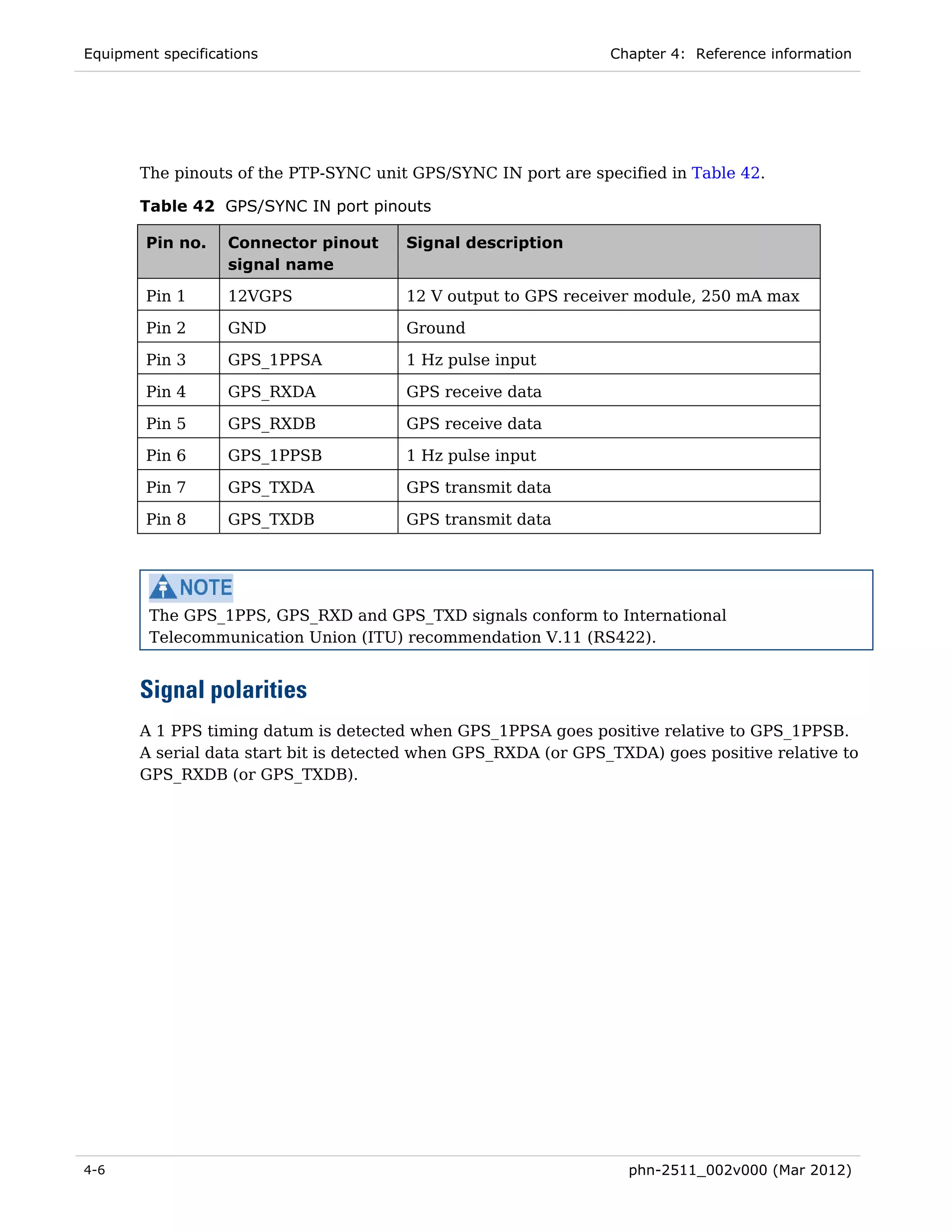 Equipment specifications                                         Chapter 4: Reference information




       The pinouts of the PTP-SYNC unit GPS/SYNC IN port are specified in Table 42.

       Table 42 GPS/SYNC IN port pinouts

        Pin no.    Connector pinout     Signal description
                   signal name

        Pin 1      12VGPS               12 V output to GPS receiver module, 250 mA max

        Pin 2      GND                  Ground

        Pin 3      GPS_1PPSA            1 Hz pulse input

        Pin 4      GPS_RXDA             GPS receive data

        Pin 5      GPS_RXDB             GPS receive data

        Pin 6      GPS_1PPSB            1 Hz pulse input

        Pin 7      GPS_TXDA             GPS transmit data

        Pin 8      GPS_TXDB             GPS transmit data




         The GPS_1PPS, GPS_RXD and GPS_TXD signals conform to International
         Telecommunication Union (ITU) recommendation V.11 (RS422).


       Signal polarities
       A 1 PPS timing datum is detected when GPS_1PPSA goes positive relative to GPS_1PPSB.
       A serial data start bit is detected when GPS_RXDA (or GPS_TXDA) goes positive relative to
       GPS_RXDB (or GPS_TXDB).




4-6                                                                phn-2511_002v000 (Mar 2012)
 