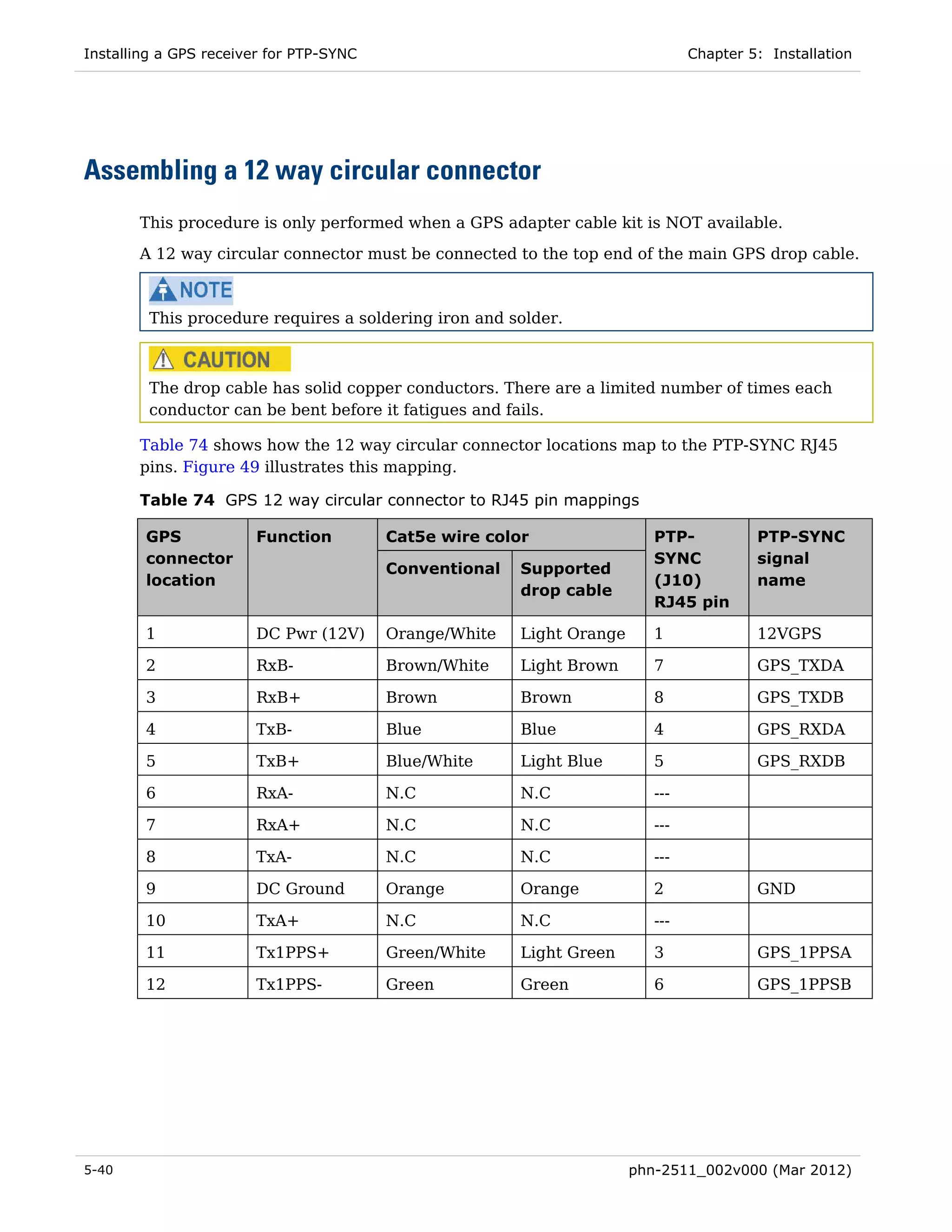 Installing a GPS receiver for PTP-SYNC                                          Chapter 5: Installation




Assembling a 12 way circular connector
       This procedure is only performed when a GPS adapter cable kit is NOT available.
       A 12 way circular connector must be connected to the top end of the main GPS drop cable.



         This procedure requires a soldering iron and solder.



         The drop cable has solid copper conductors. There are a limited number of times each
         conductor can be bent before it fatigues and fails.

       Table 74 shows how the 12 way circular connector locations map to the PTP-SYNC RJ45
       pins. Figure 49 illustrates this mapping.

       Table 74 GPS 12 way circular connector to RJ45 pin mappings

        GPS            Function          Cat5e wire color                 PTP-           PTP-SYNC
        connector                                                         SYNC           signal
                                         Conventional   Supported
        location                                                          (J10)          name
                                                        drop cable
                                                                          RJ45 pin

        1              DC Pwr (12V)      Orange/White   Light Orange      1              12VGPS

        2              RxB-              Brown/White    Light Brown       7              GPS_TXDA

        3              RxB+              Brown          Brown             8              GPS_TXDB

        4              TxB-              Blue           Blue              4              GPS_RXDA

        5              TxB+              Blue/White     Light Blue        5              GPS_RXDB

        6              RxA-              N.C            N.C               ---

        7              RxA+              N.C            N.C               ---

        8              TxA-              N.C            N.C               ---

        9              DC Ground         Orange         Orange            2              GND

        10             TxA+              N.C            N.C               ---

        11             Tx1PPS+           Green/White    Light Green       3              GPS_1PPSA

        12             Tx1PPS-           Green          Green             6              GPS_1PPSB




5-40                                                                   phn-2511_002v000 (Mar 2012)
 