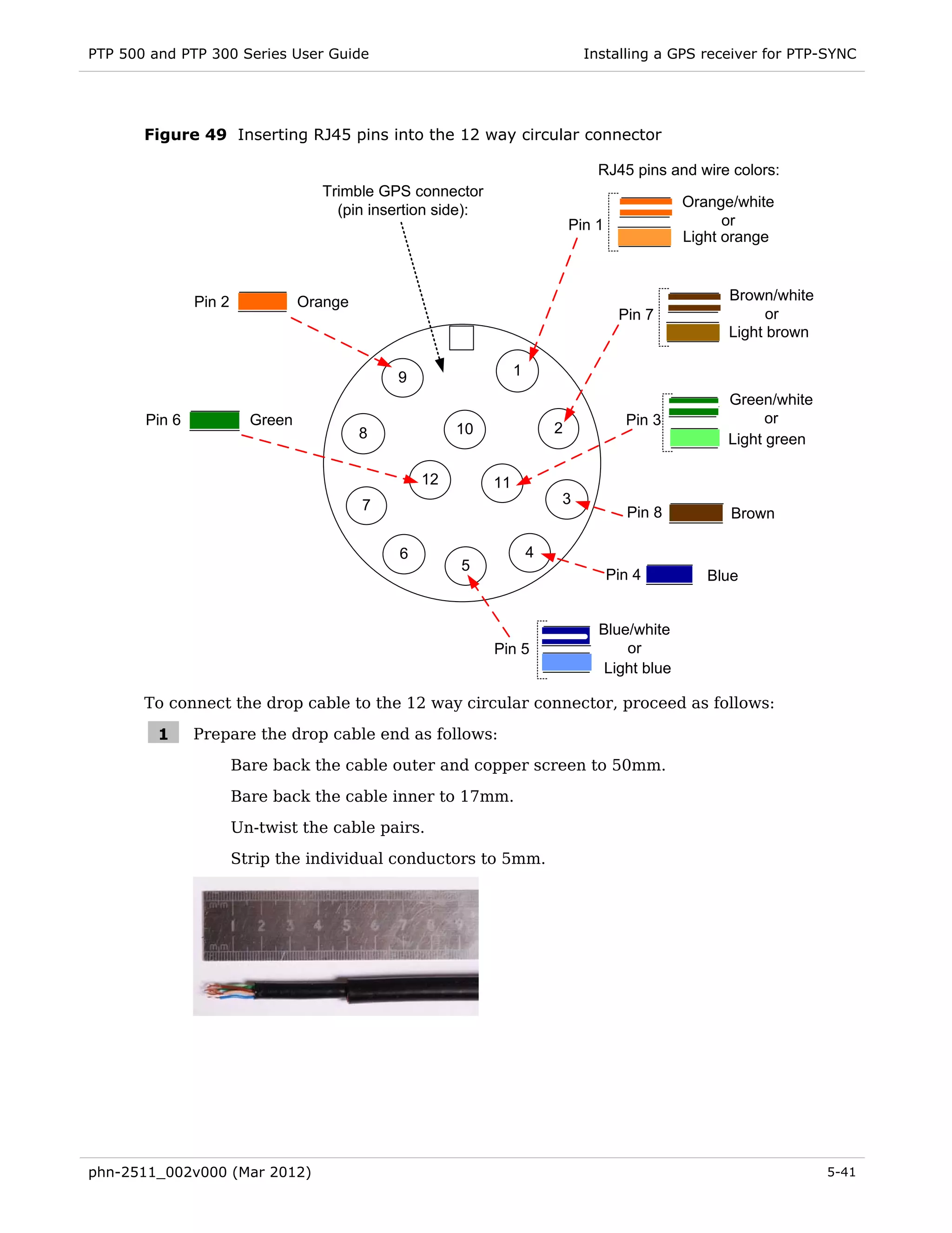 PTP 500 and PTP 300 Series User Guide                                           Installing a GPS receiver for PTP-SYNC




       Figure 49 Inserting RJ45 pins into the 12 way circular connector

                                                                                  RJ45 pins and wire colors:
                                   Trimble GPS connector
                                                                                                Orange/white
                                     (pin insertion side):
                                                                              Pin 1                   or
                                                                                                Light orange



               Pin 2             Orange                                                               Brown/white
                                                                                       Pin 7                or
                                                                                                      Light brown

                                              9                   1
                                                                                                      Green/white
       Pin 6             Green                                                          Pin 3               or
                                          8            10                 2
                                                                                                      Light green

                                                  12         11
                                          7                               3
                                                                                        Pin 8         Brown

                                              6                       4
                                                       5
                                                                                      Pin 4        Blue


                                                                                  Blue/white
                                                             Pin 5                    or
                                                                                   Light blue

       To connect the drop cable to the 12 way circular connector, proceed as follows:

         1     Prepare the drop cable end as follows:
                       Bare back the cable outer and copper screen to 50mm.

                       Bare back the cable inner to 17mm.
                       Un-twist the cable pairs.
                       Strip the individual conductors to 5mm.




phn-2511_002v000 (Mar 2012)                                                                                         5-41
 
