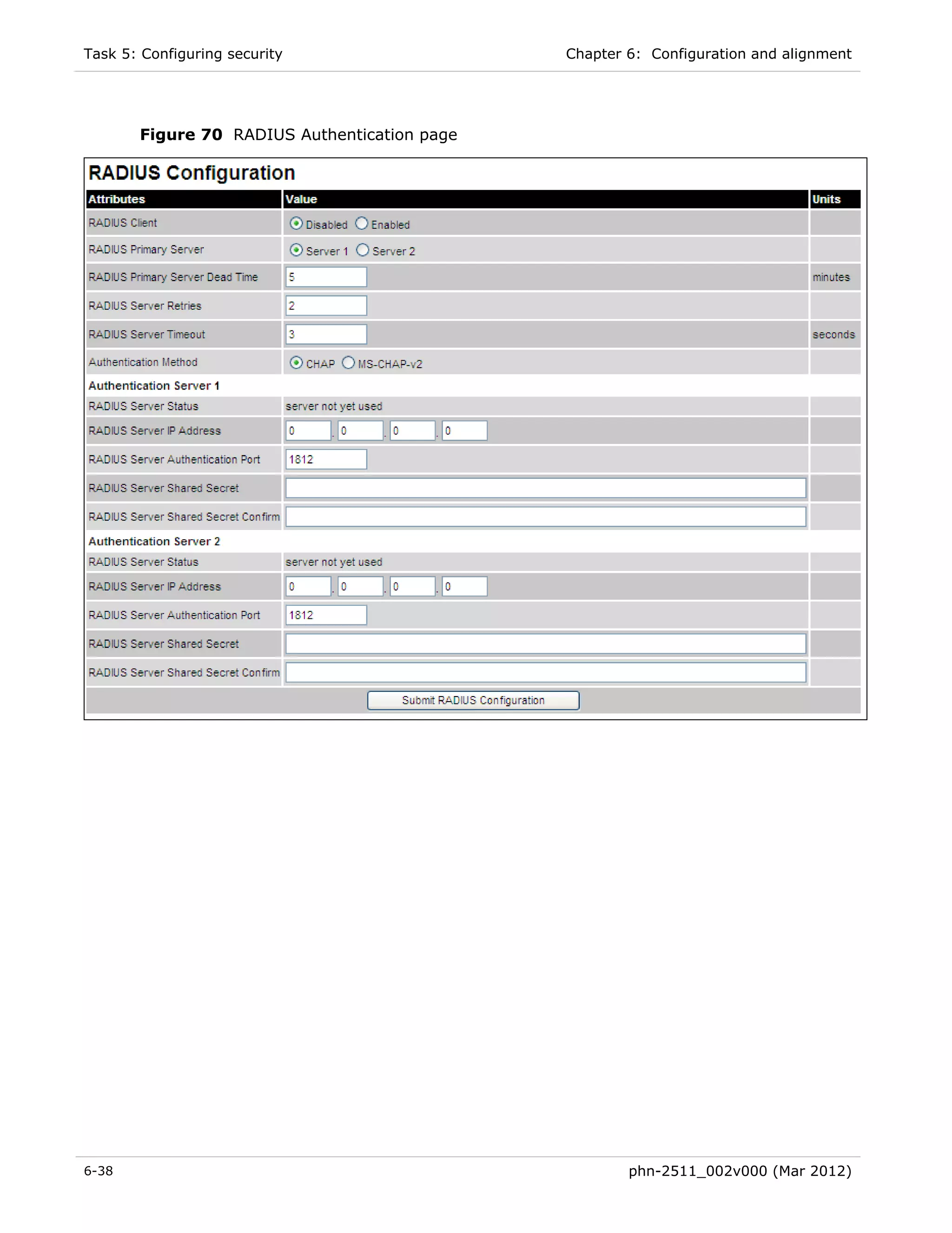 Task 5: Configuring security                  Chapter 6: Configuration and alignment




       Figure 70 RADIUS Authentication page




6-38                                                  phn-2511_002v000 (Mar 2012)
 