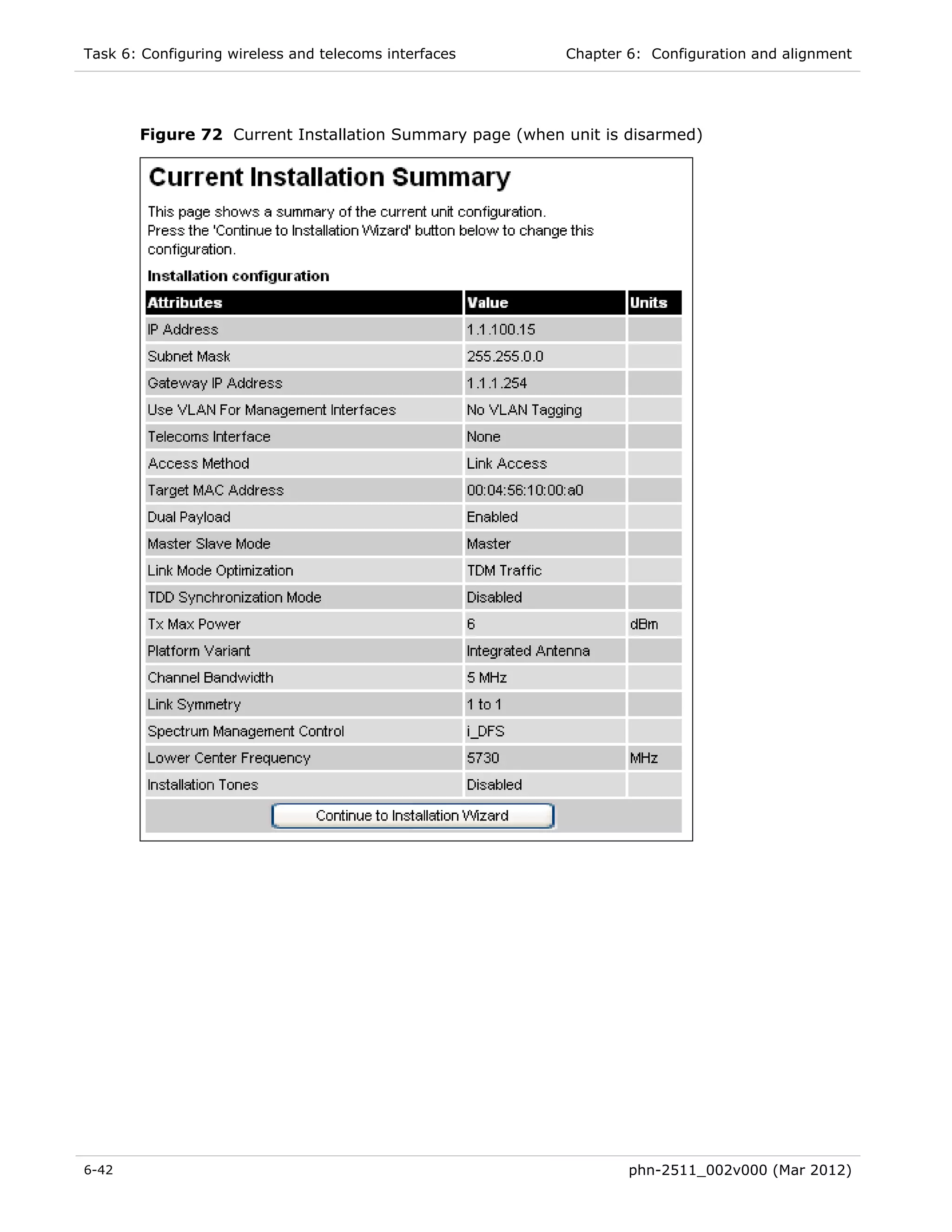 Task 6: Configuring wireless and telecoms interfaces     Chapter 6: Configuration and alignment




       Figure 72 Current Installation Summary page (when unit is disarmed)




6-42                                                             phn-2511_002v000 (Mar 2012)
 