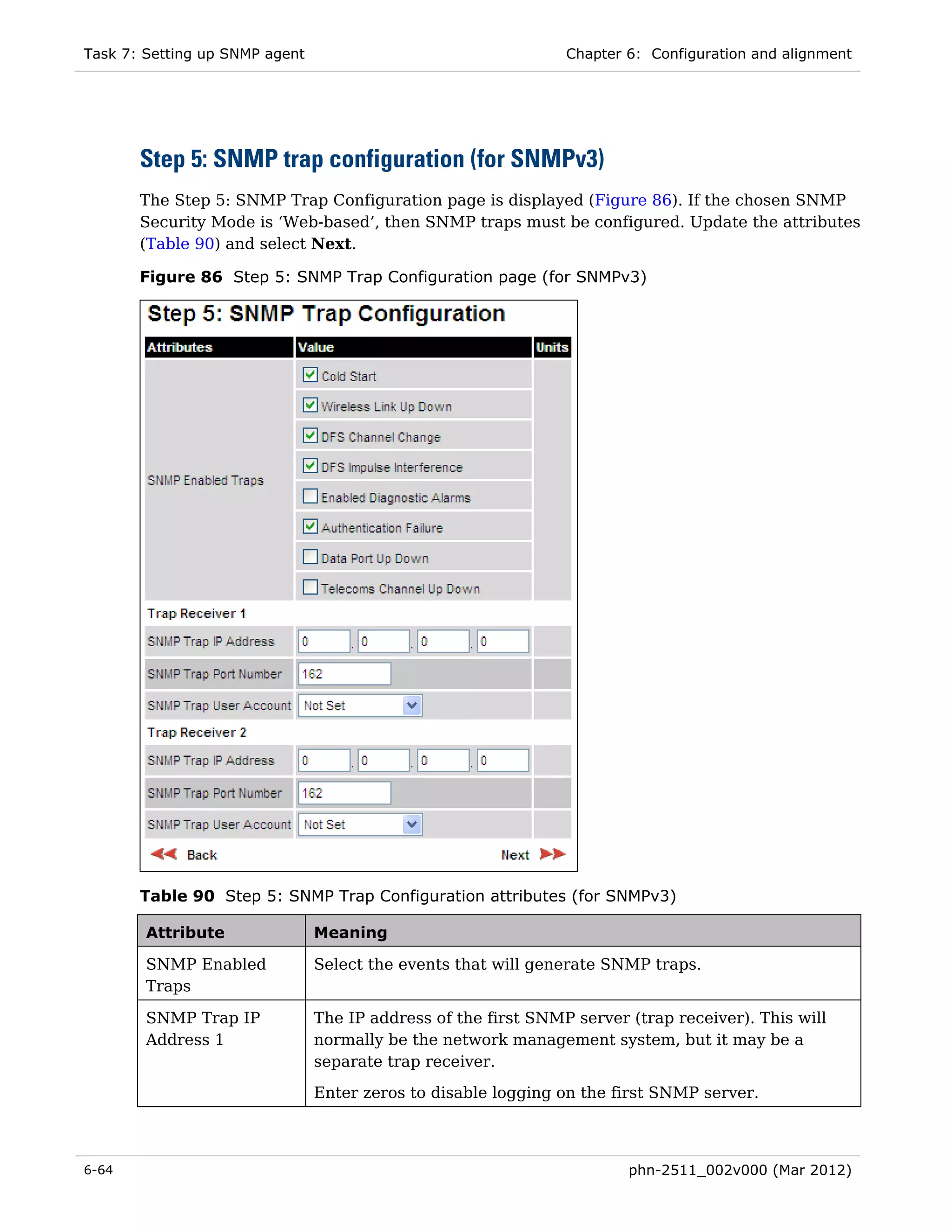 Task 7: Setting up SNMP agent                                   Chapter 6: Configuration and alignment




       Step 5: SNMP trap configuration (for SNMPv3)
       The Step 5: SNMP Trap Configuration page is displayed (Figure 86). If the chosen SNMP
       Security Mode is ‘Web-based’, then SNMP traps must be configured. Update the attributes
       (Table 90) and select Next.

       Figure 86 Step 5: SNMP Trap Configuration page (for SNMPv3)




       Table 90 Step 5: SNMP Trap Configuration attributes (for SNMPv3)

        Attribute               Meaning

        SNMP Enabled            Select the events that will generate SNMP traps.
        Traps

        SNMP Trap IP            The IP address of the first SNMP server (trap receiver). This will
        Address 1               normally be the network management system, but it may be a
                                separate trap receiver.

                                Enter zeros to disable logging on the first SNMP server.



6-64                                                                    phn-2511_002v000 (Mar 2012)
 